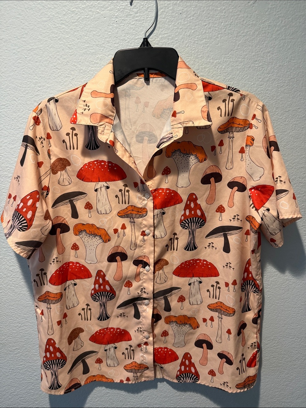 ROMWE Beige Button-Front Short Sleeve Mushroom Print Shirt